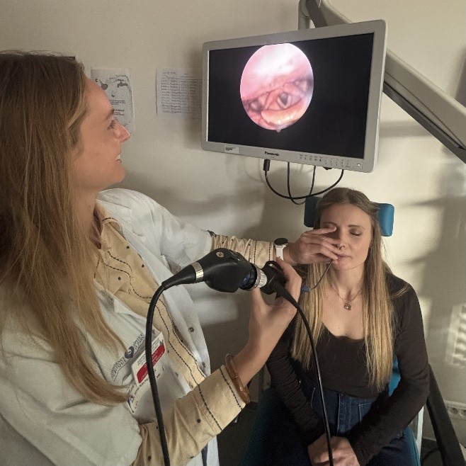Image 2. L’examen nasofibroscopie : l’ORL introduit une petite caméra à travers une narine afin de visualiser le larynx.